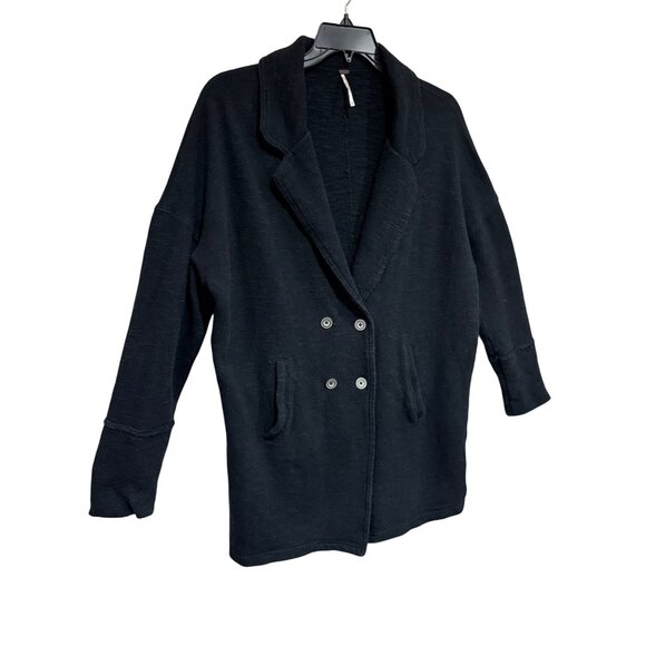 Free People Casual Friday Black Slub Knit Longline Sweater Blazer Size Large - Picture 4 of 10
